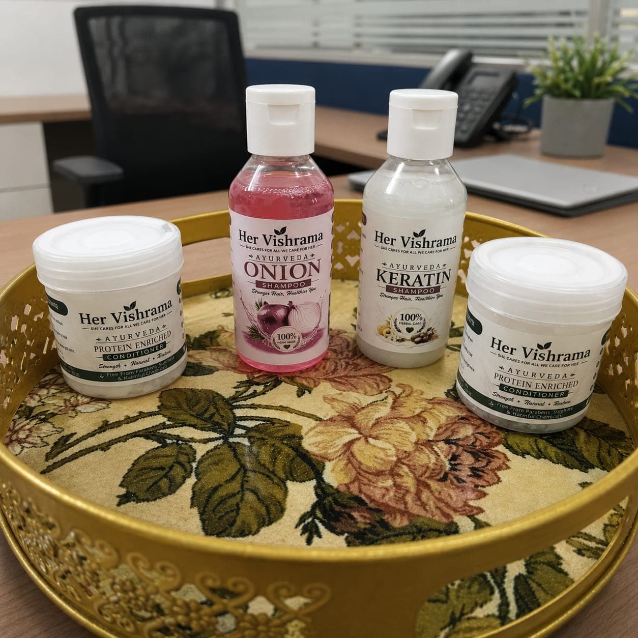 Her Vishrama Ayurvedic Hair & Skin Products on tray